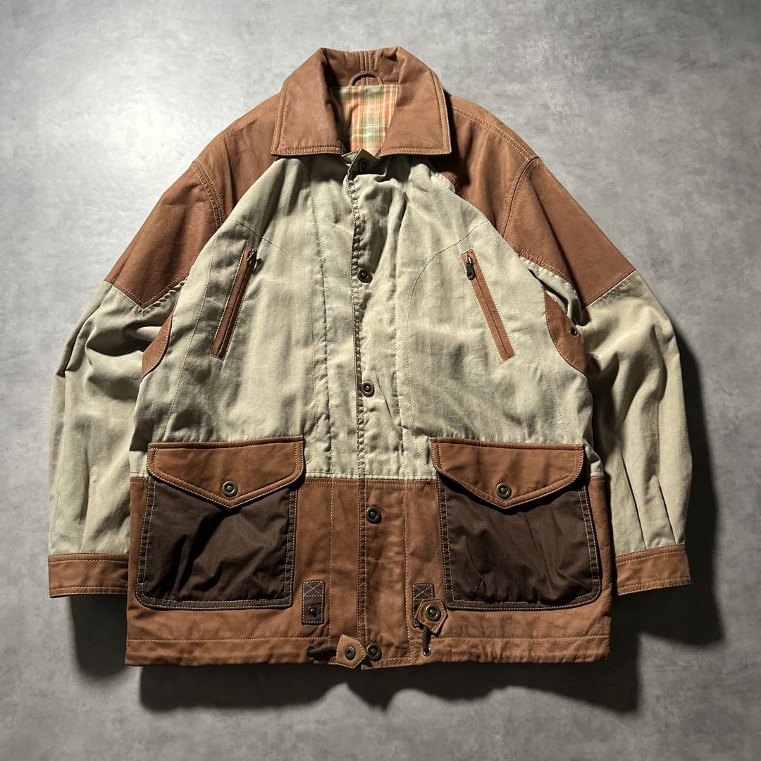 ヴィンテージ レザー 切り替え ワークジャケット ハーフコート マルチポケットL・VINTAGE