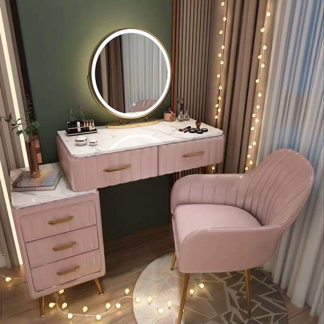 オシャレドレッサー　ベロア調デスク引き出し2杯LEDミラー　椅子　棚4点セット オシャレドレッサー ベロア調デスク引き出し2杯LEDミラー 椅子 棚4点