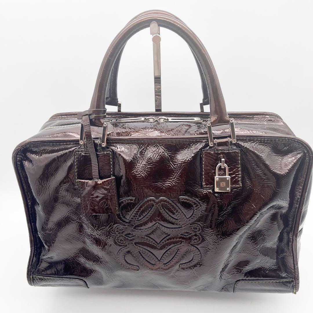 LOEWEロエベ アマソナ36アナグラム パテントレザーミニボストン ブラウン系 LOEWEロエベ アマソナ36アナグラム パテントレザーミニボストン ブラウン系