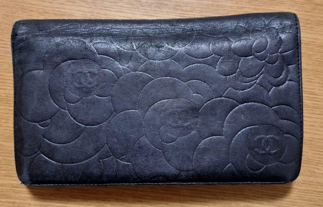 シャネル　CHANEL　長財布　カメリア　黒　ブラック　ウォレット　レディース