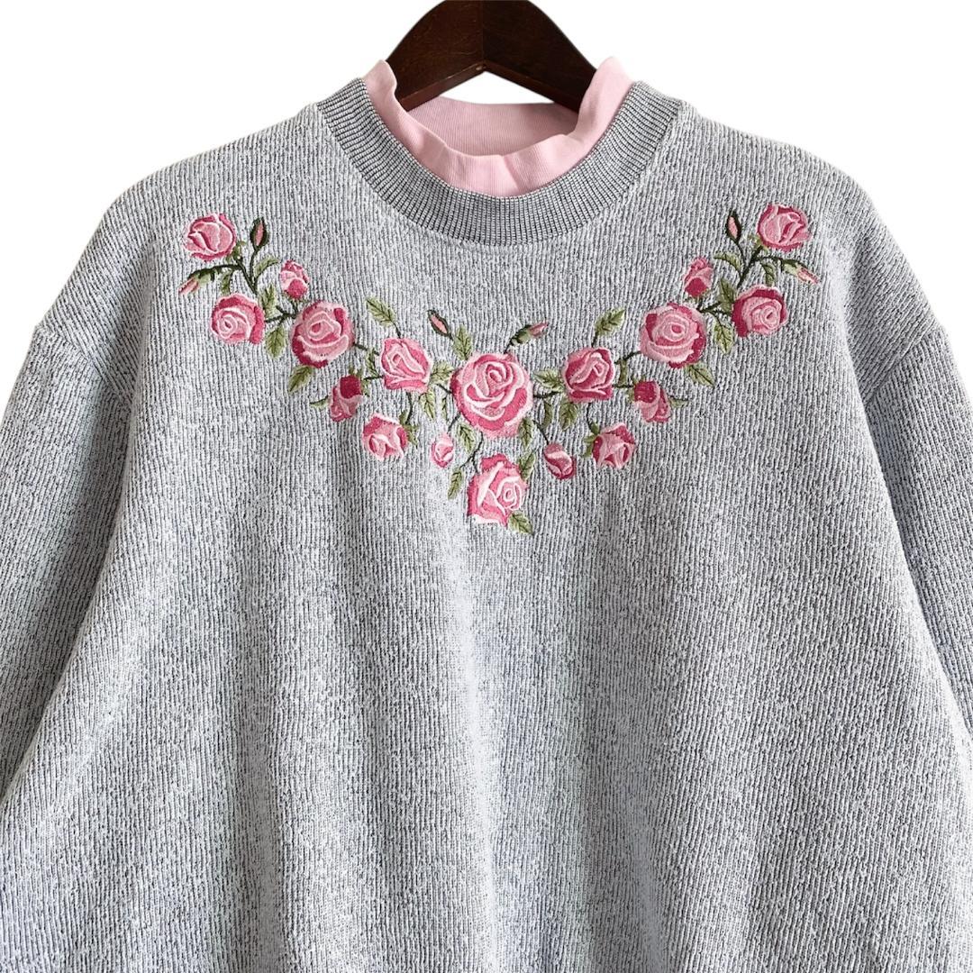 メキシコ製 海外古着 花刺繍 フラワー 二重襟 スウェット トレーナー グレー