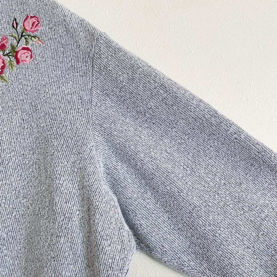 メキシコ製 海外古着 花刺繍 フラワー 二重襟 スウェット トレーナー グレー