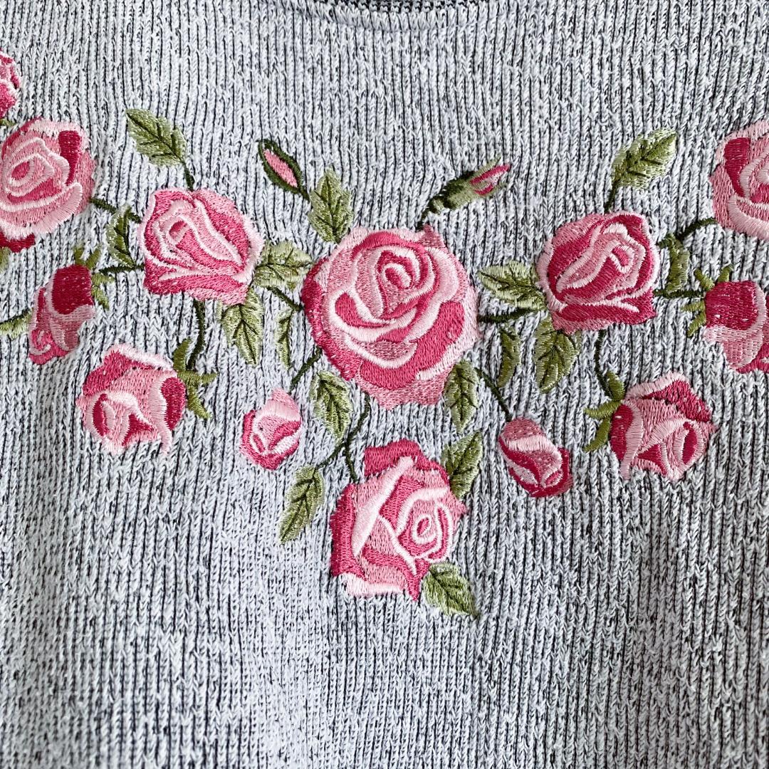 メキシコ製 海外古着 花刺繍 フラワー 二重襟 スウェット トレーナー グレー
