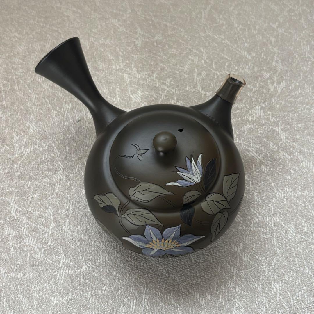 常滑焼 伊藤 昭陽作 幸山刀 緑泥彩色てんとう虫 彫り 急須 茶器