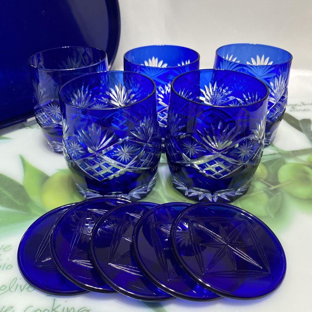 未使用　切子　カットグラス5客セット＆プラスチック　トレー＆コースター５客