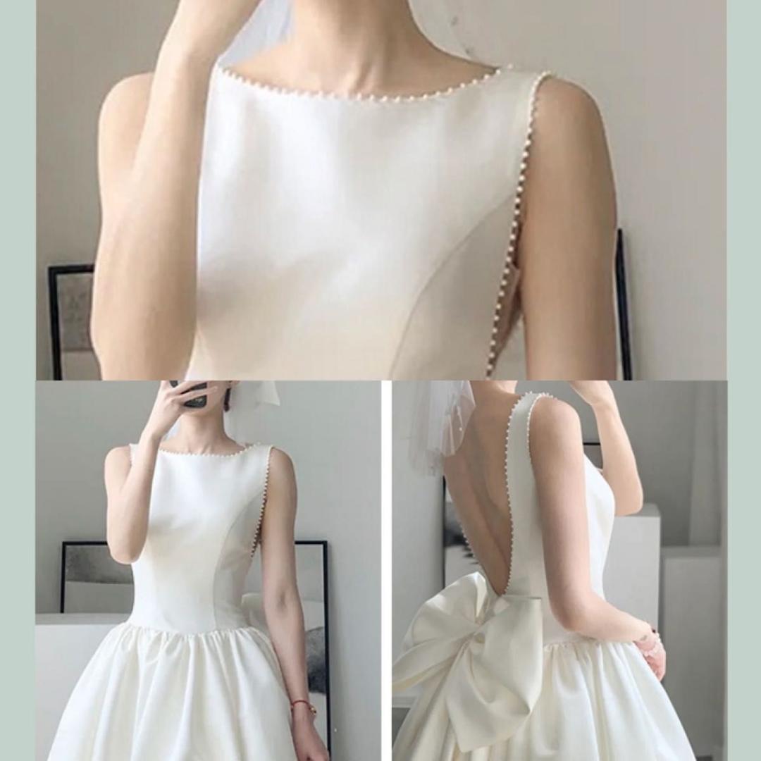 48h以内発送 L　上品 ミモレ丈サテン ウェディングドレス リボン付　結婚