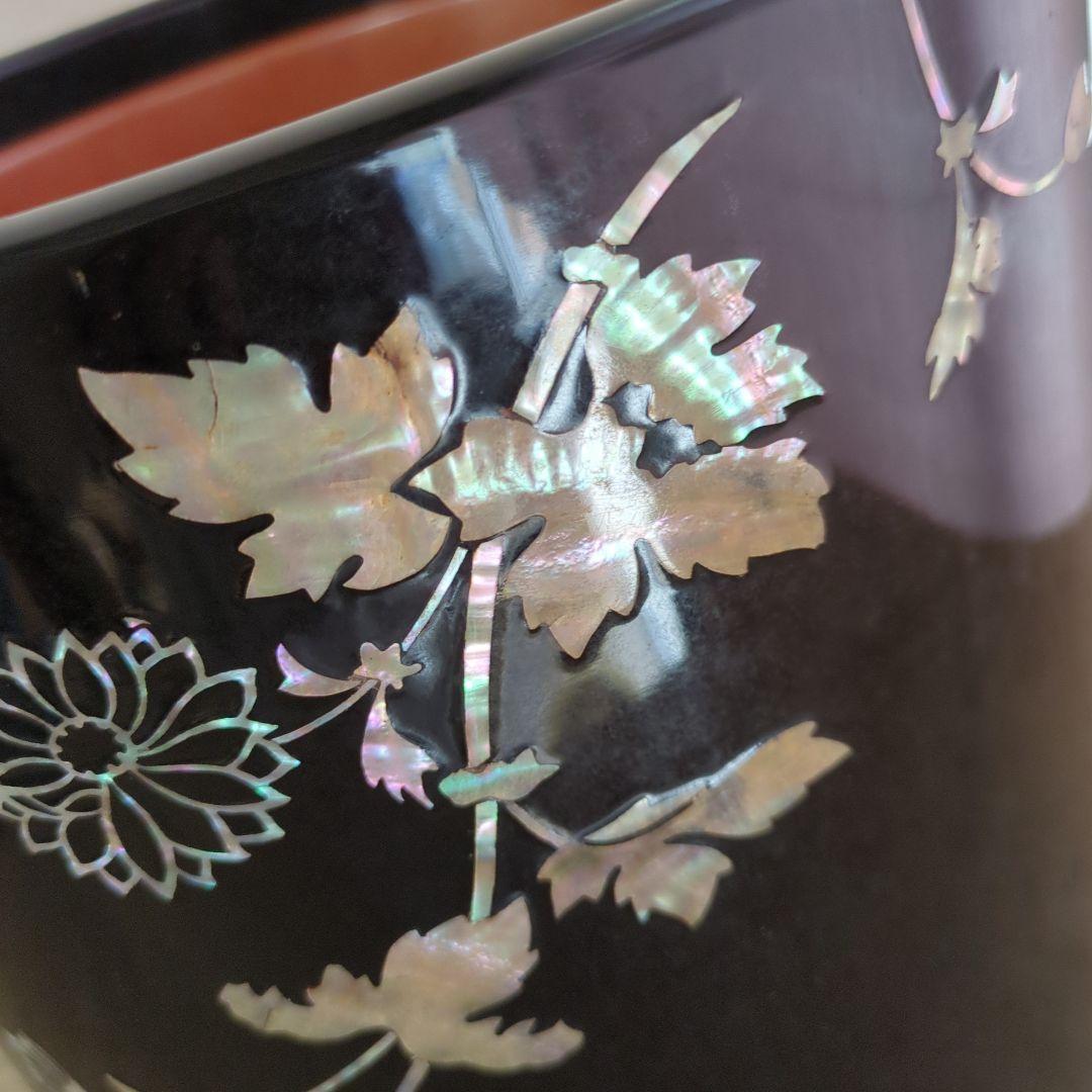 骨董 火鉢 螺鈿 花模様 木製 漆器 内側銅器 花入 鉢カバー 貝
