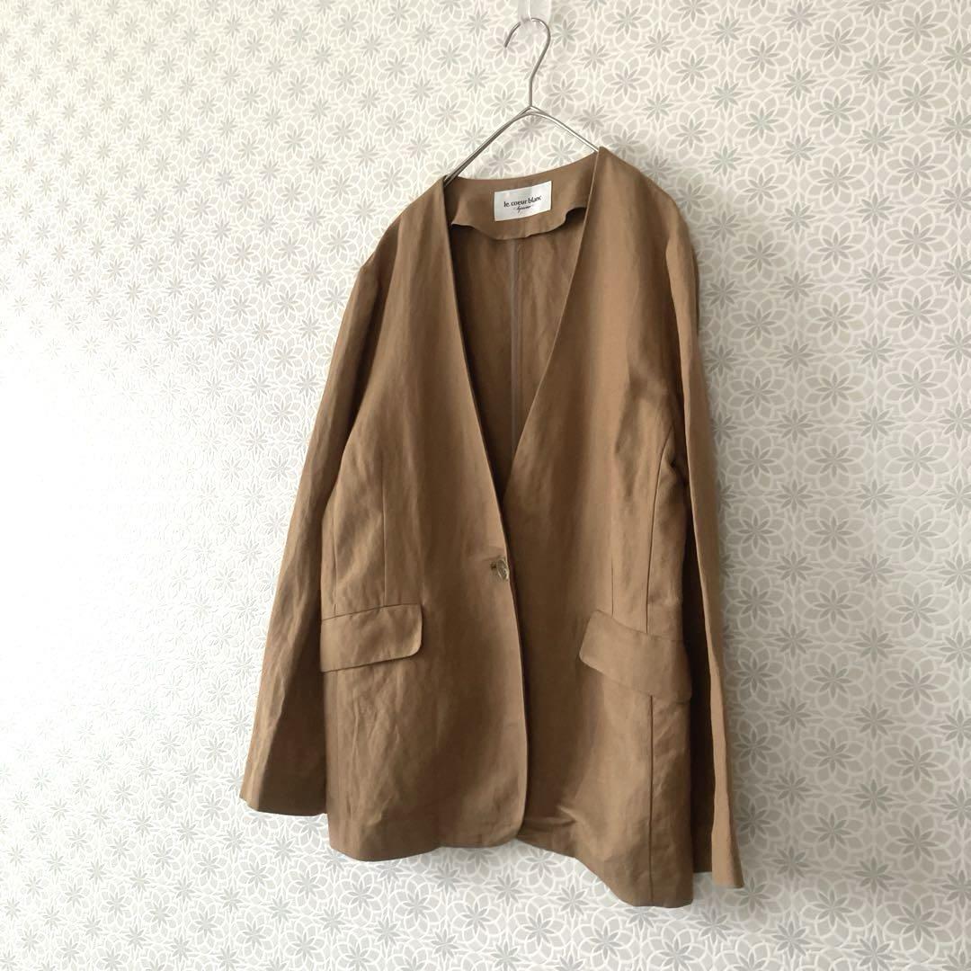 le.coeur blanc 麻混　ノーカラージャケット　茶色　M