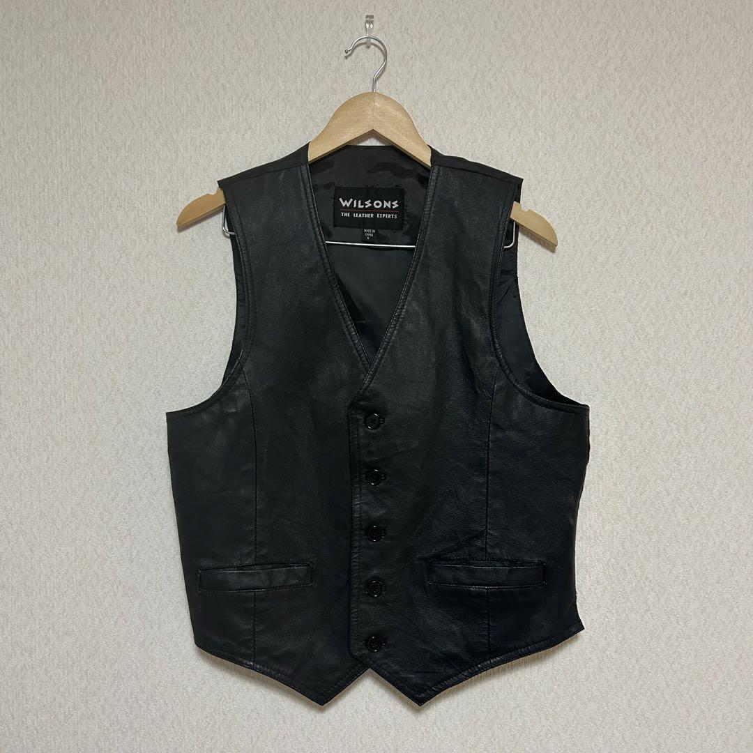 美品 90s Wilsonsウィルソンズ レザー 牛革 ジレベスト M ブラック