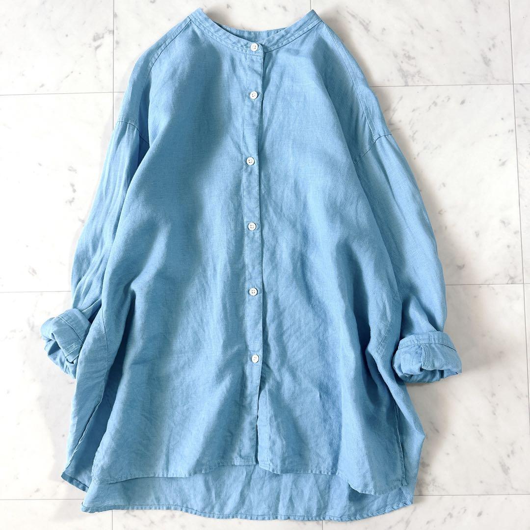 極美品♪グリーンレーベル リネン バンドカラー シャツ 麻 ゆったり ブルー