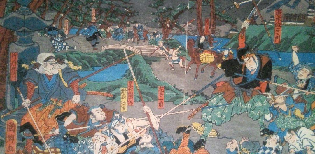 浮世絵、伊賀上野敵討ノ圖三枚綴り、歌川国綱画