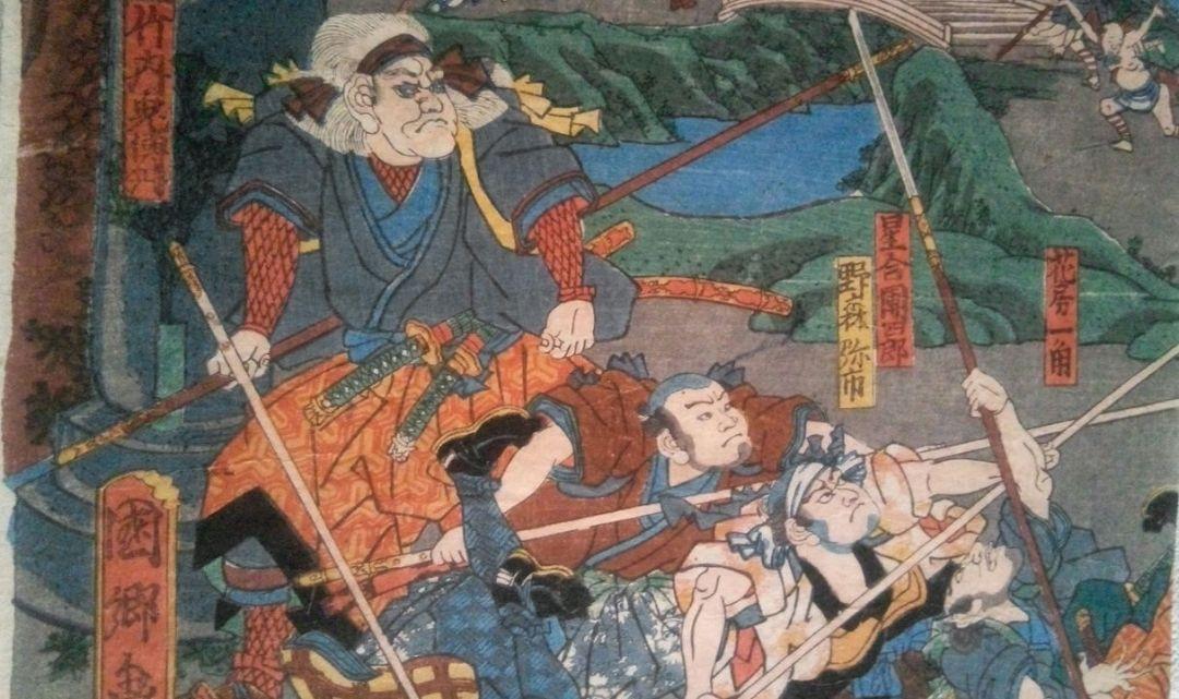 浮世絵、伊賀上野敵討ノ圖三枚綴り、歌川国綱画