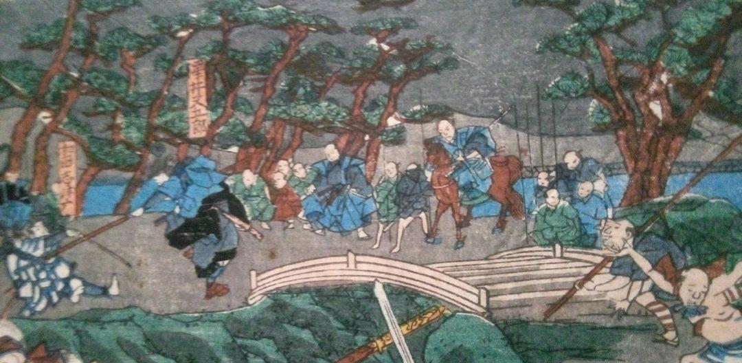 浮世絵、伊賀上野敵討ノ圖三枚綴り、歌川国綱画