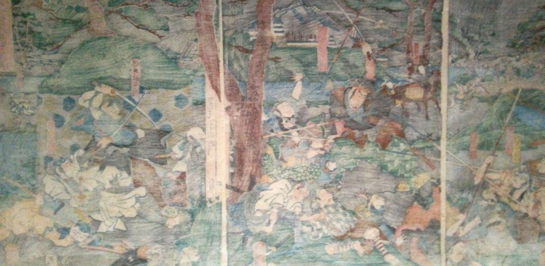 浮世絵、伊賀上野敵討ノ圖三枚綴り、歌川国綱画