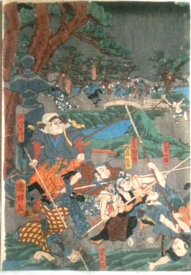 浮世絵、伊賀上野敵討ノ圖三枚綴り、歌川国綱画