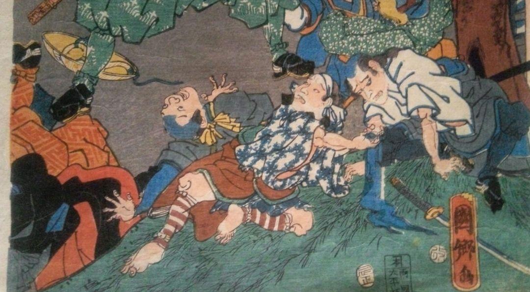 浮世絵、伊賀上野敵討ノ圖三枚綴り、歌川国綱画