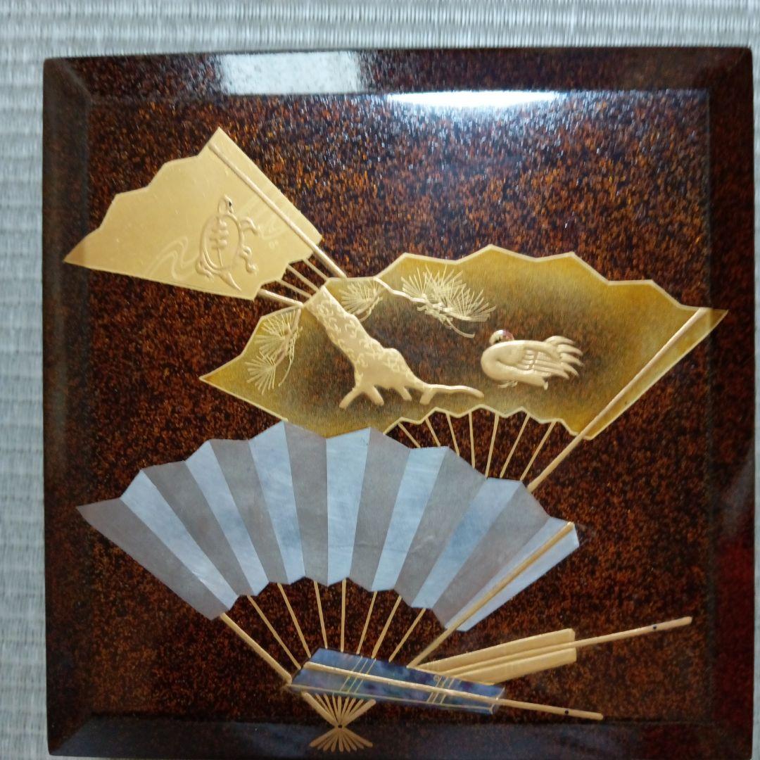 アンティーク漆器 金蒔絵 螺鈿 菓子鉢角皿セット扇子と鶴亀の