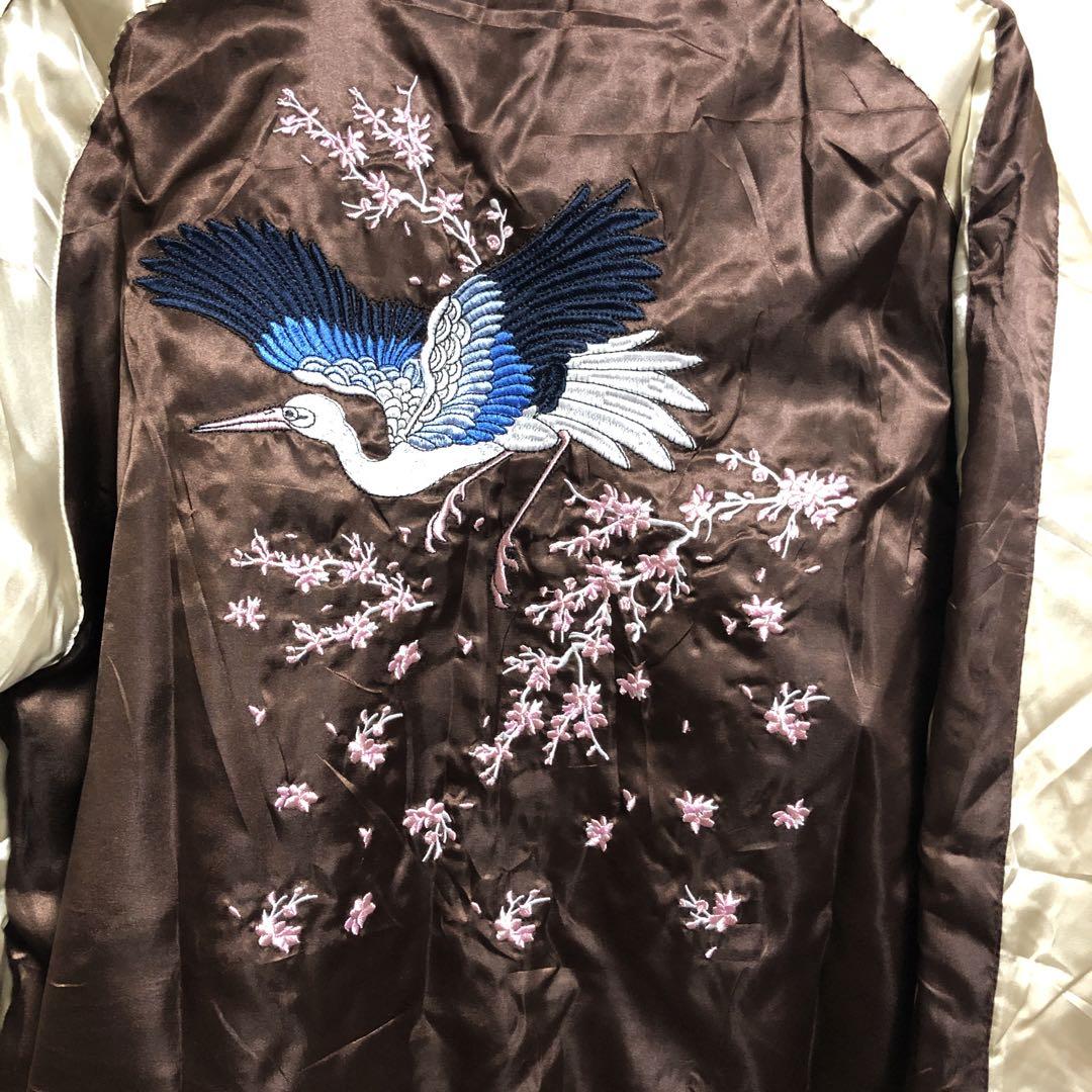 Lサイズ]桜と鶴柄刺繍ちりめん袖柄刺繍リバーシブルスカジャン