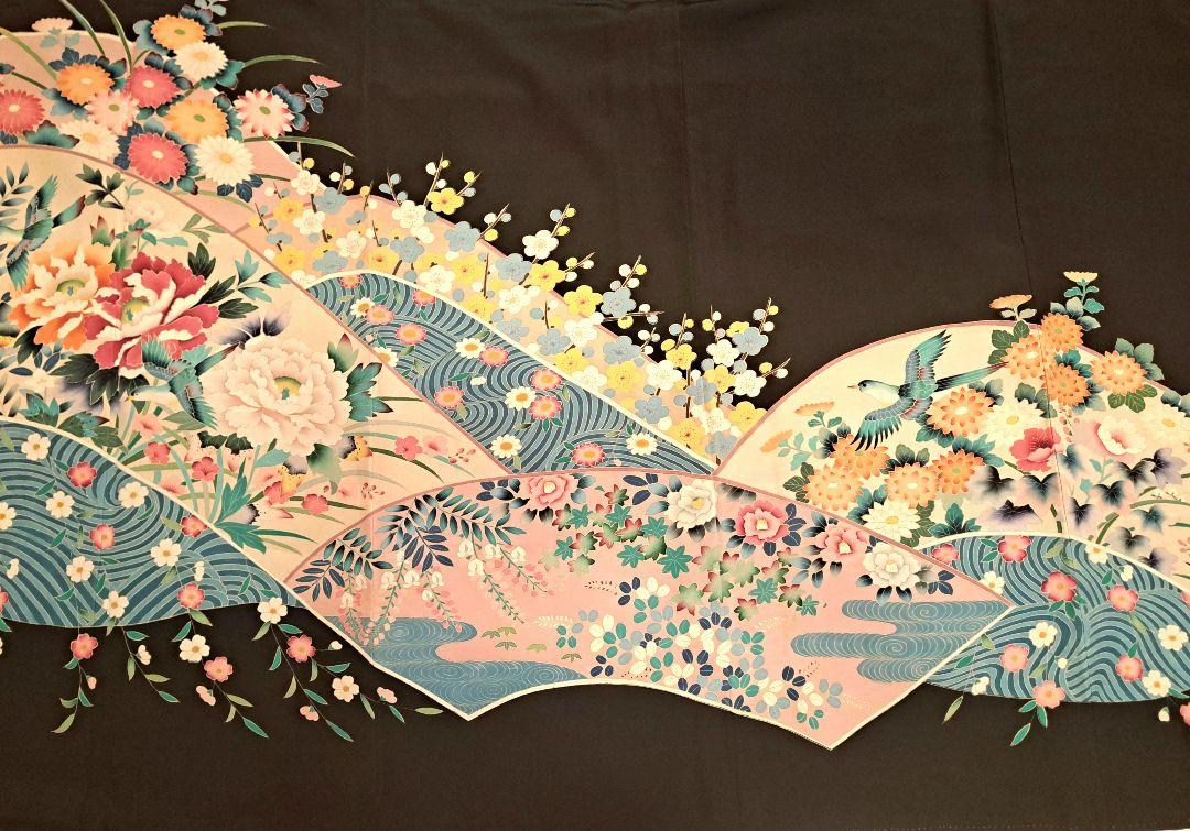 ❇️正絹友禅有名作家落款入り手描友禅 黒留め袖 5つ紋 5点
