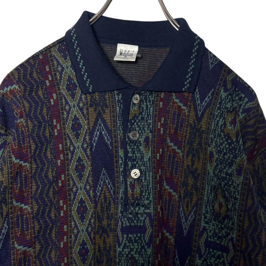 90s Modigliani 襟付きニット 総柄 M ダーク系ポロセーターy2k 90s Modigliani 襟付きニット 総柄 M ダーク系ポロセーターy2k