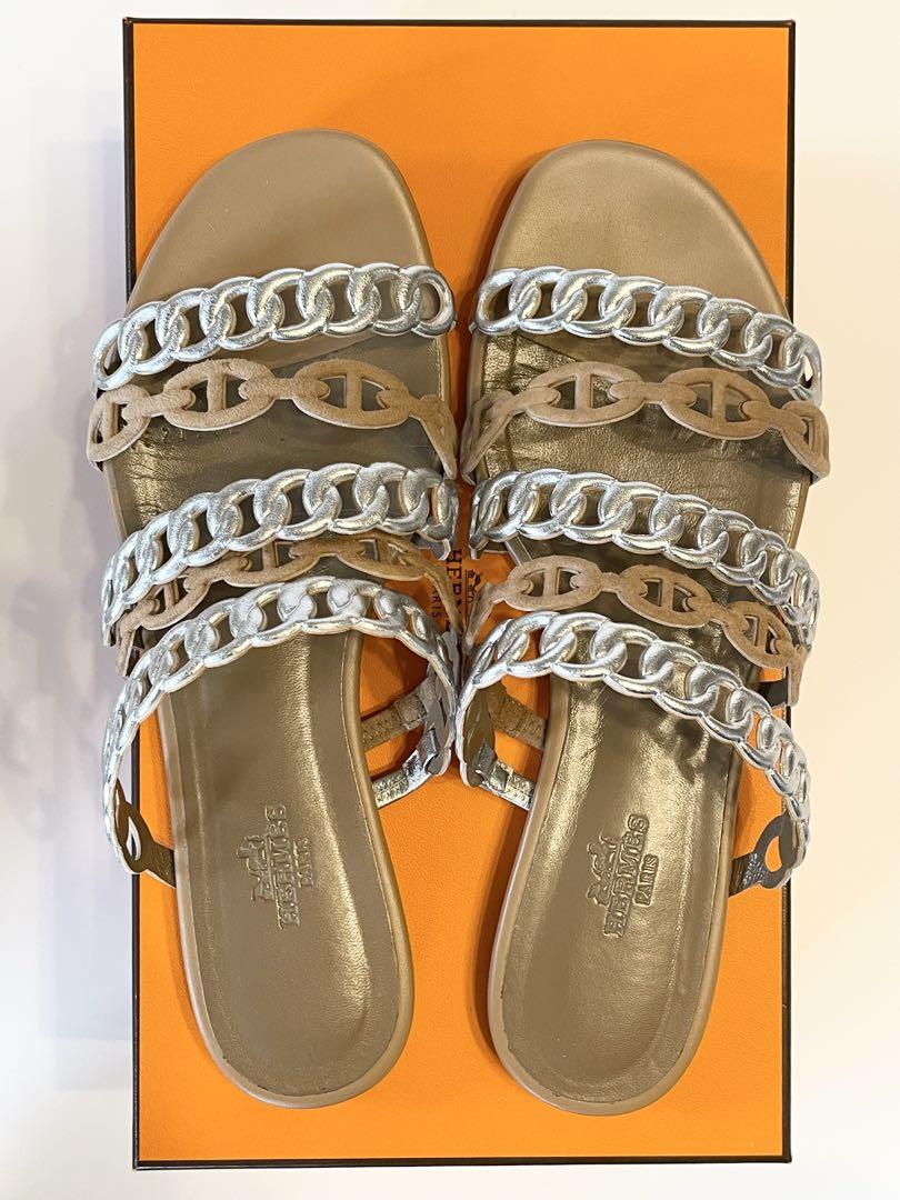 HERMES シェーヌダンクル フラットサンダル ベージュ/シルバー 35.5