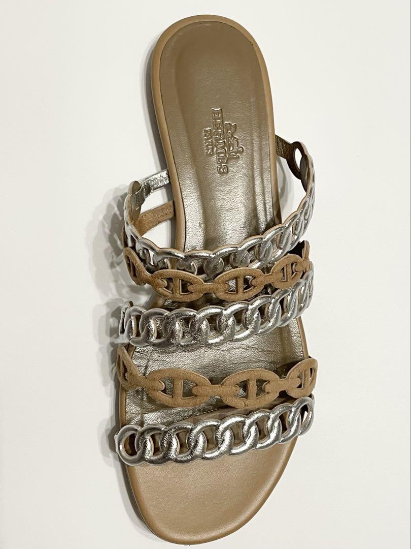HERMES シェーヌダンクル フラットサンダル ベージュ/シルバー 35.5