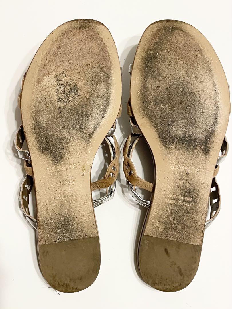 HERMES シェーヌダンクル フラットサンダル ベージュ/シルバー 35.5