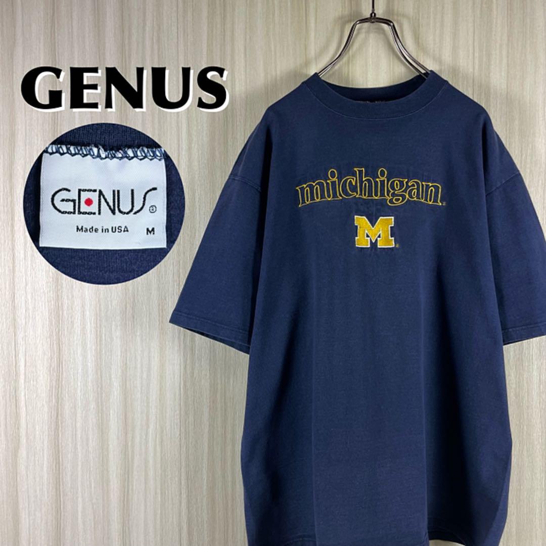 【90s】GENUS ミシガン大学 刺繍ビッグロゴ Tシャツ ネイビー USA製