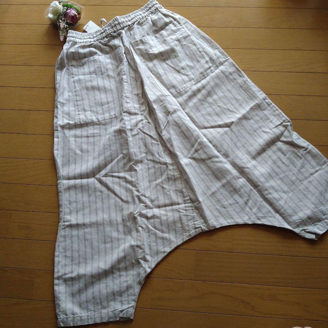 新品 タグ付き サンバレー ゆったり サルエルパンツ ストライプ  M 綿麻