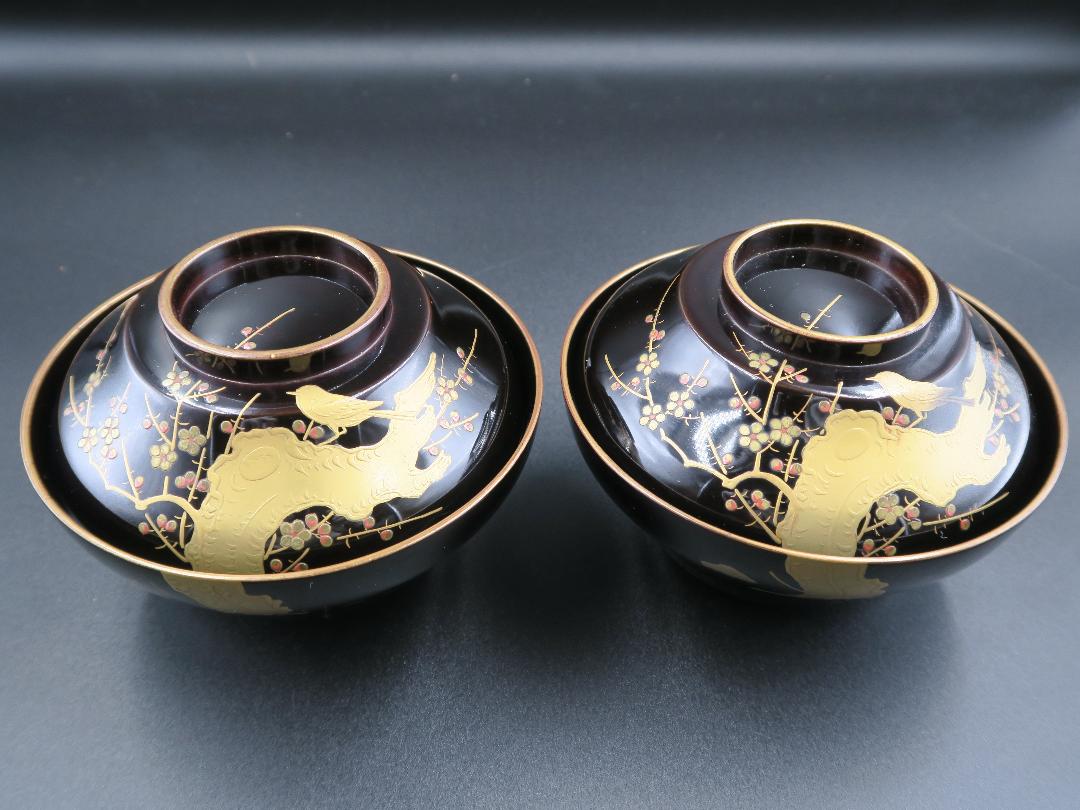 金縁 逝か 二客 吸物椀 【輪島塗】梅に時鳥 金蒔絵