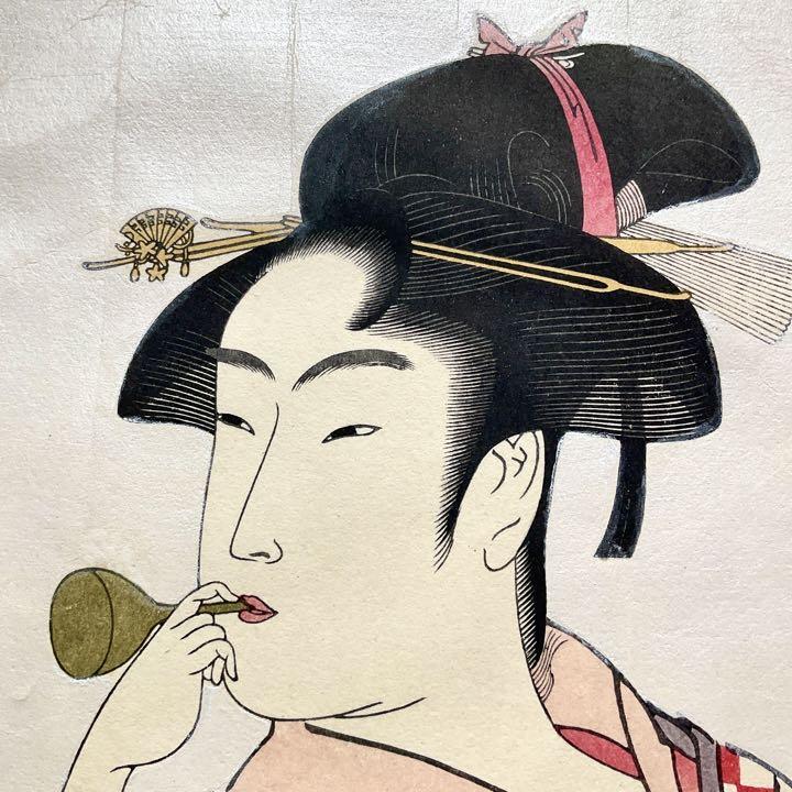 本格手刷り！ 木版画 浮世絵 喜多川歌麿『ビードロを吹く娘