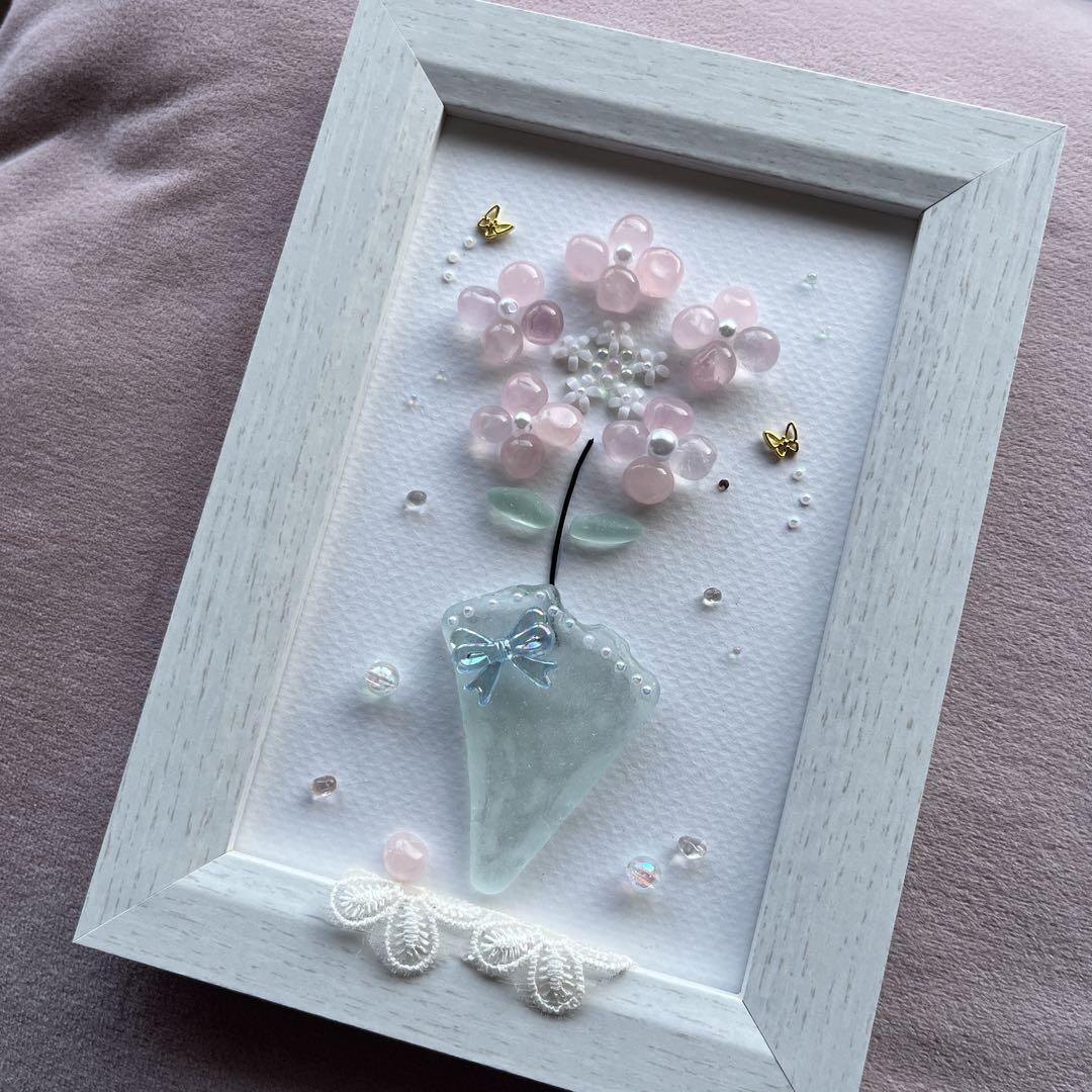 ♡紫陽花ピンク♡一輪挿し、シーグラスアート、天然石アート