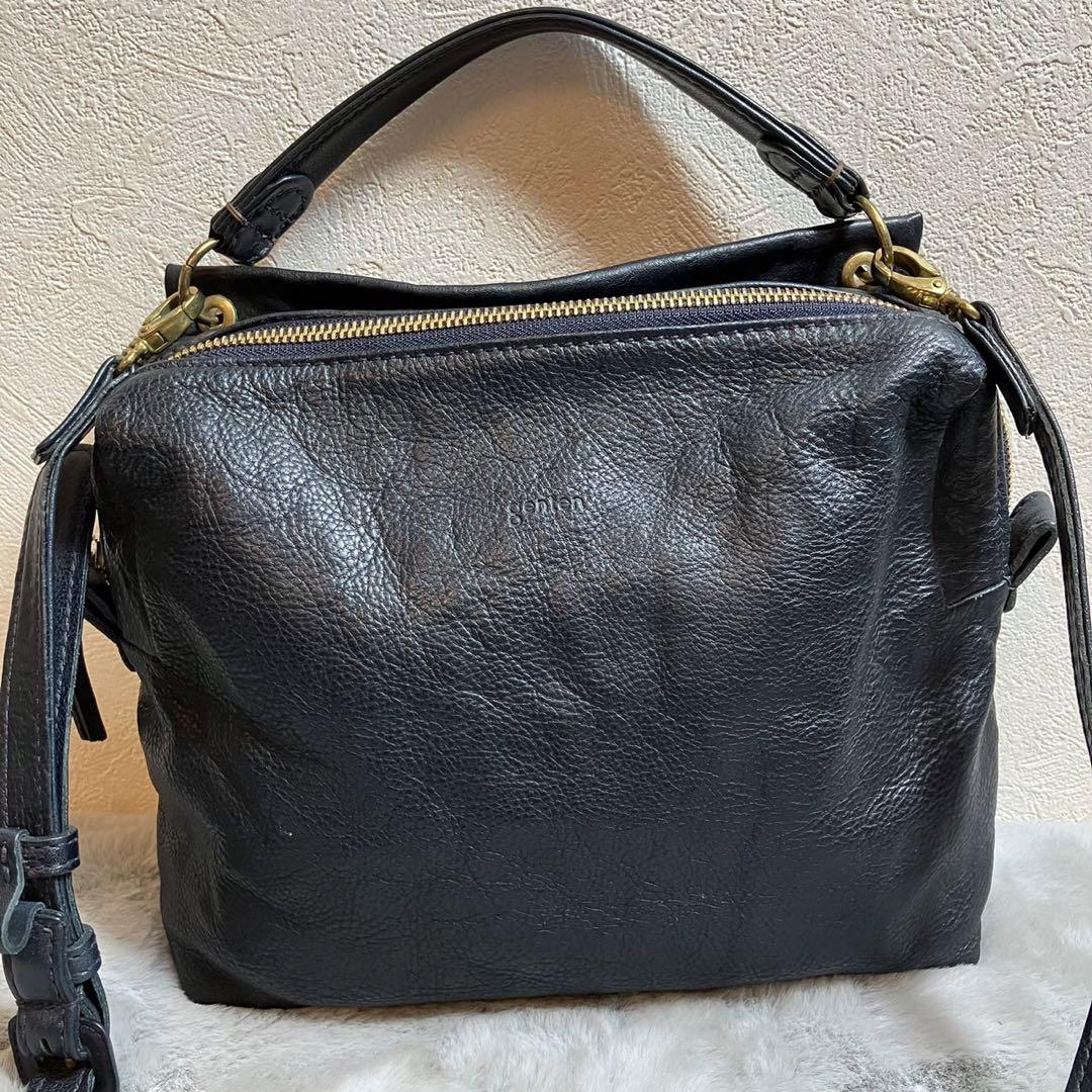 genten ゲンテン 本革 2way ショルダーバッグ ハンドバッグ ネイビー