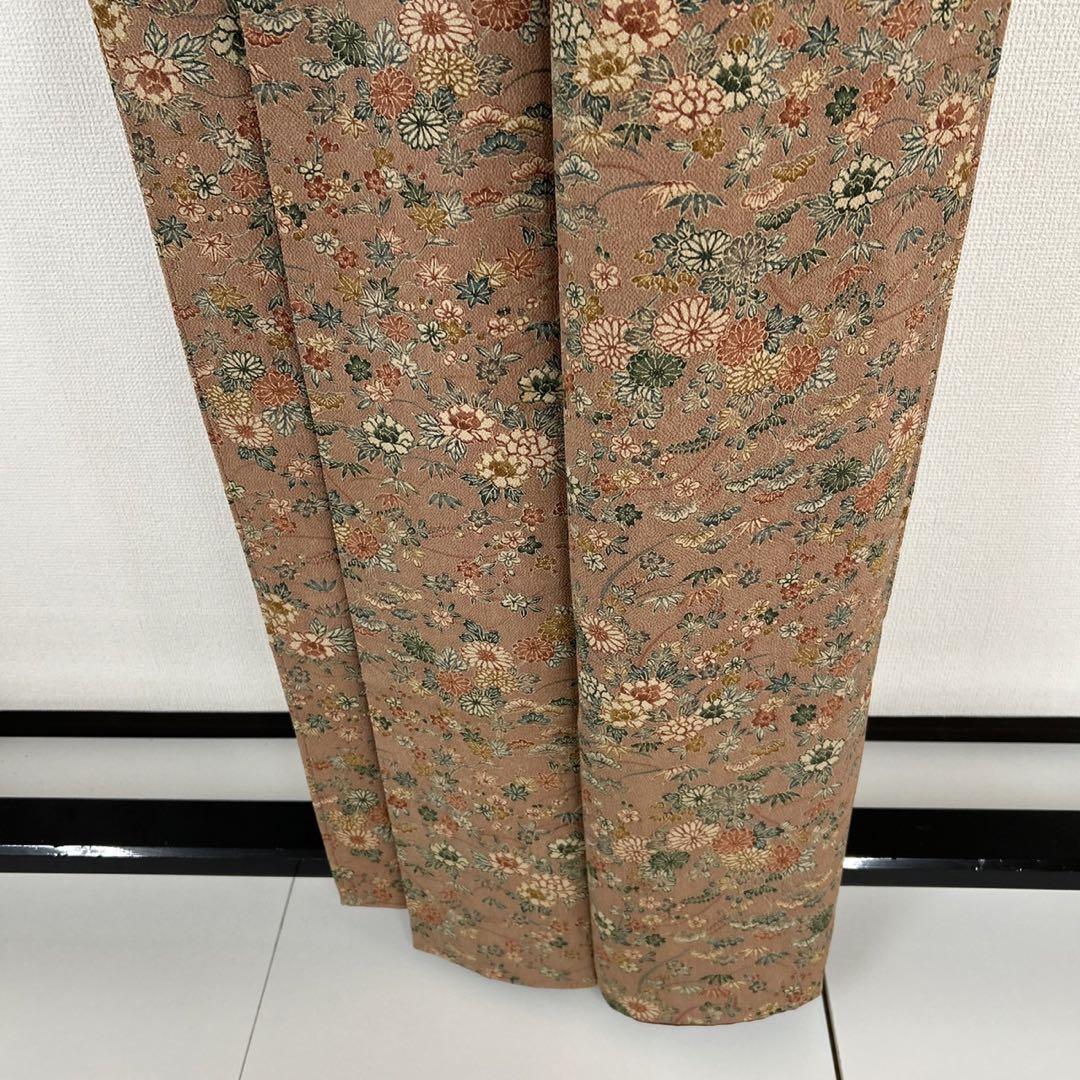 小紋 型染 松竹梅 縮緬 正絹 広衿 袷 着物T-2472 着物・浴衣