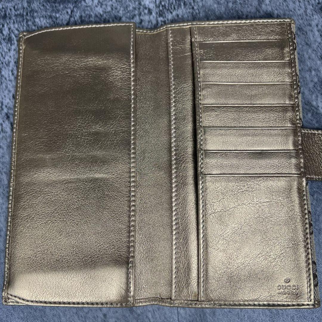 美品 GUCCI GGキャンバス×ゴールドレザー 二つ折り長財布 金具GG柄