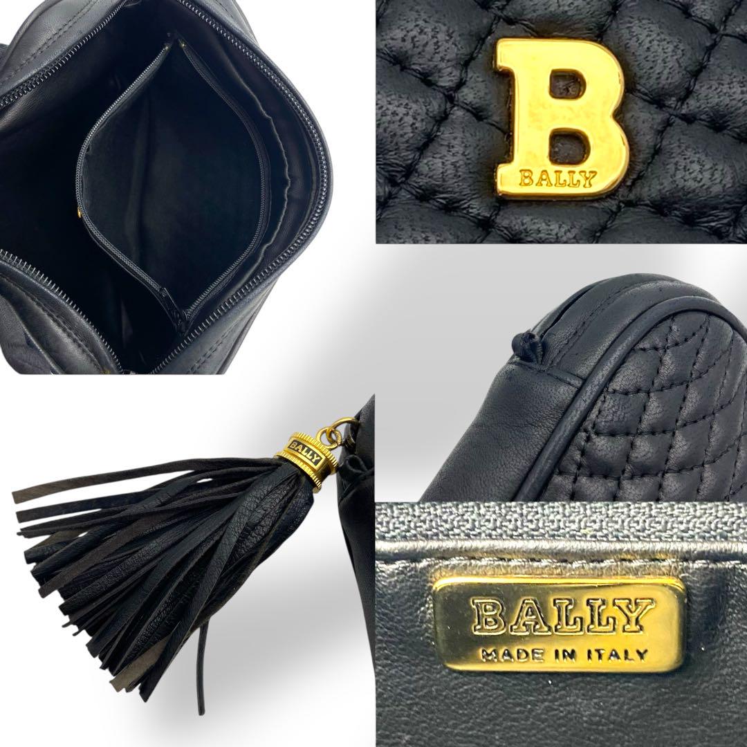 【良品】バリー ハンドバッグ キルティング レザー Bロゴ タッセル ブラック バリー BALLY ポーチ レザー 黒 ブラック キルティング タッセル