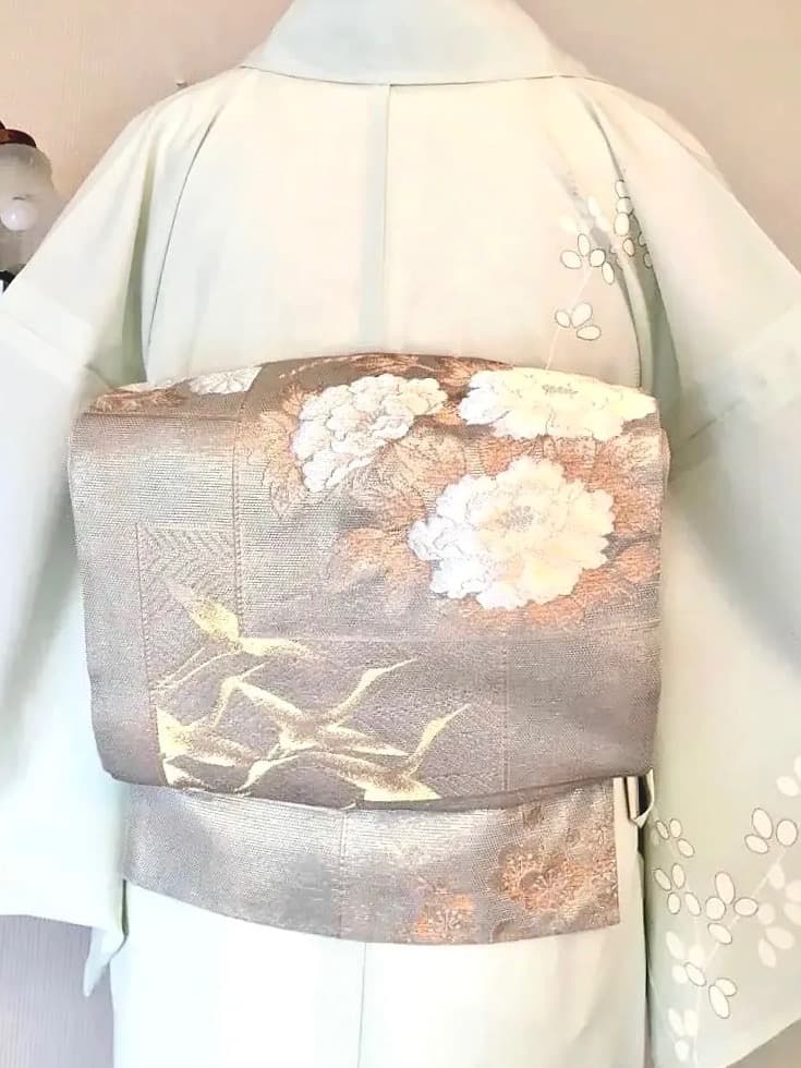 単衣の袋帯 美品 グレージュ上品なお色合 正絹六通柄袋帯 鶴牡丹梅 色留袖訪問着