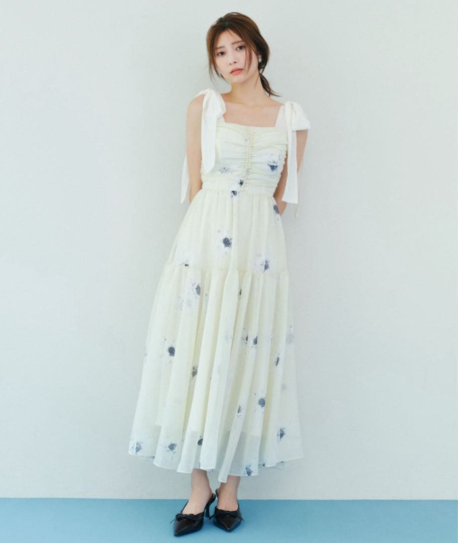 Snidel フラワープリントショルダーリボンワンピースS Snidel