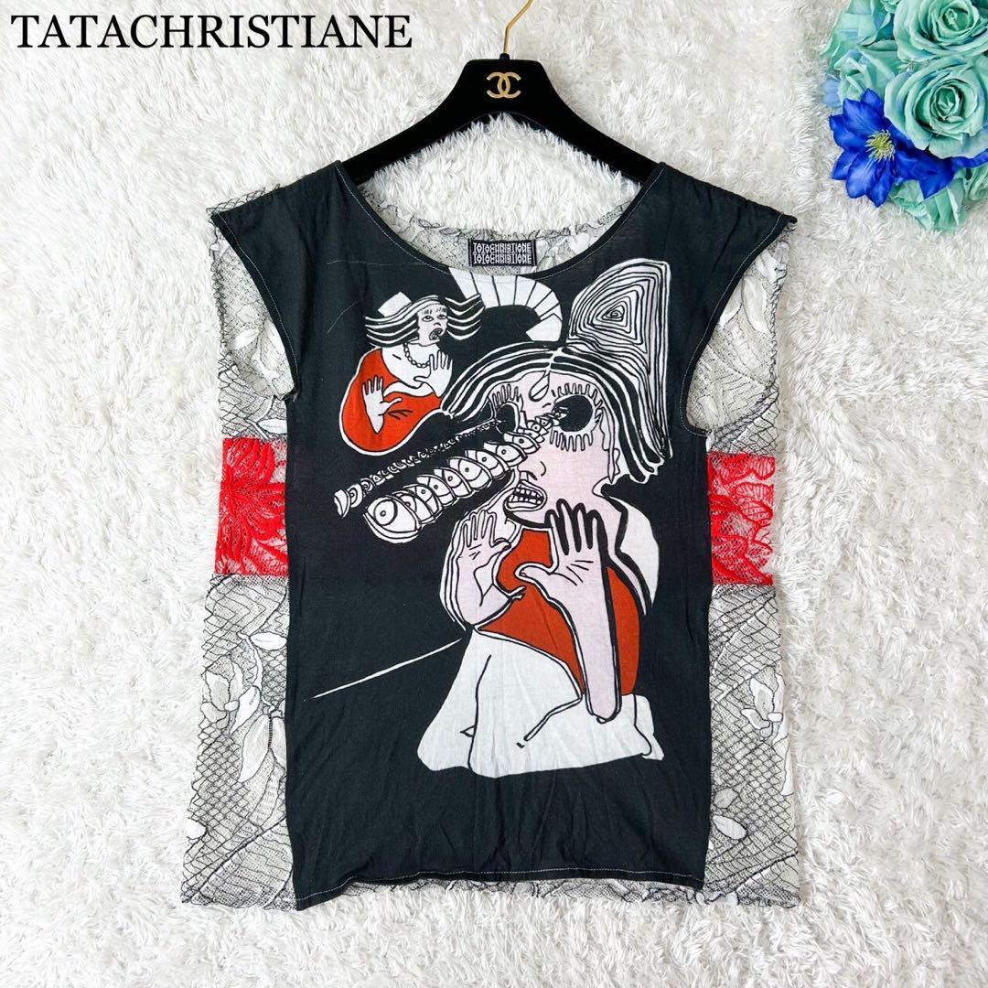 稀少 TATACHRISTIANE ノースリーブ トップス 絵画 レース 黒 赤