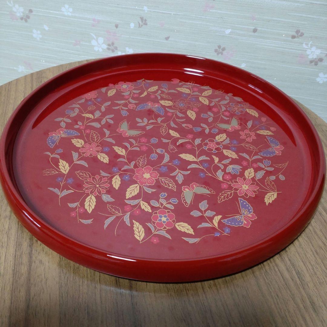 丸盆更紗模様赤蝶お盆トレー
