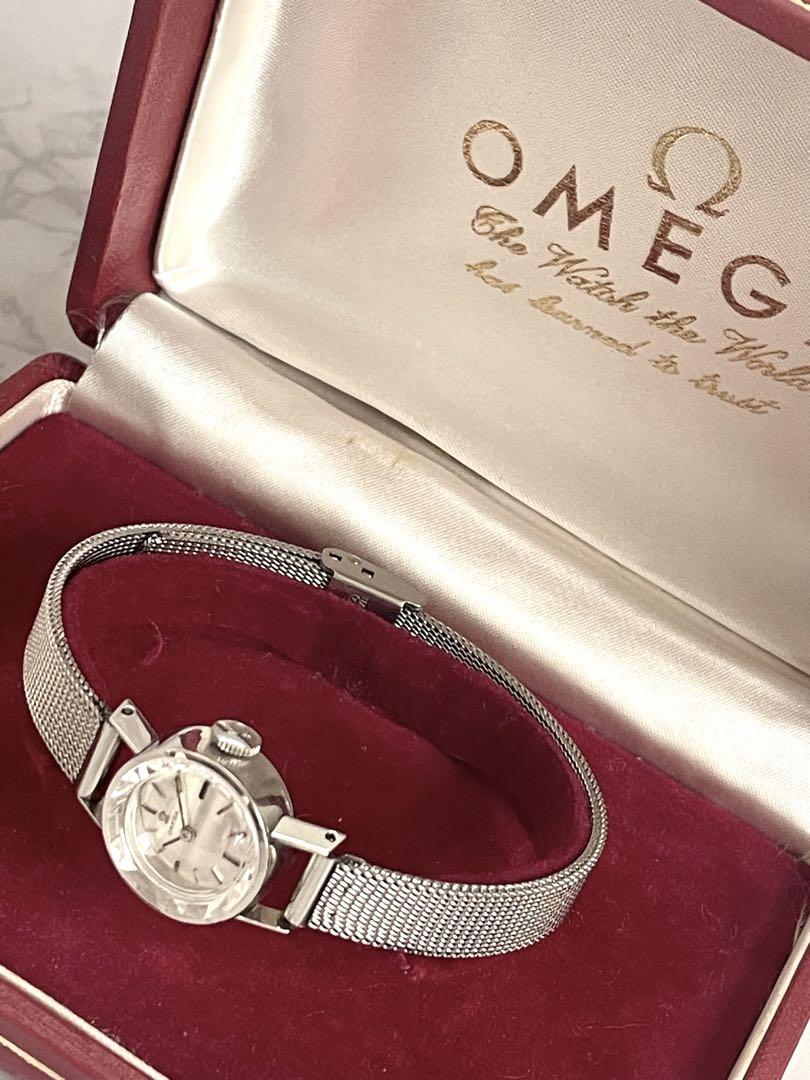 【OH済】OMEGA プラチナpt950 カットガラス 手巻き時計 ケース付