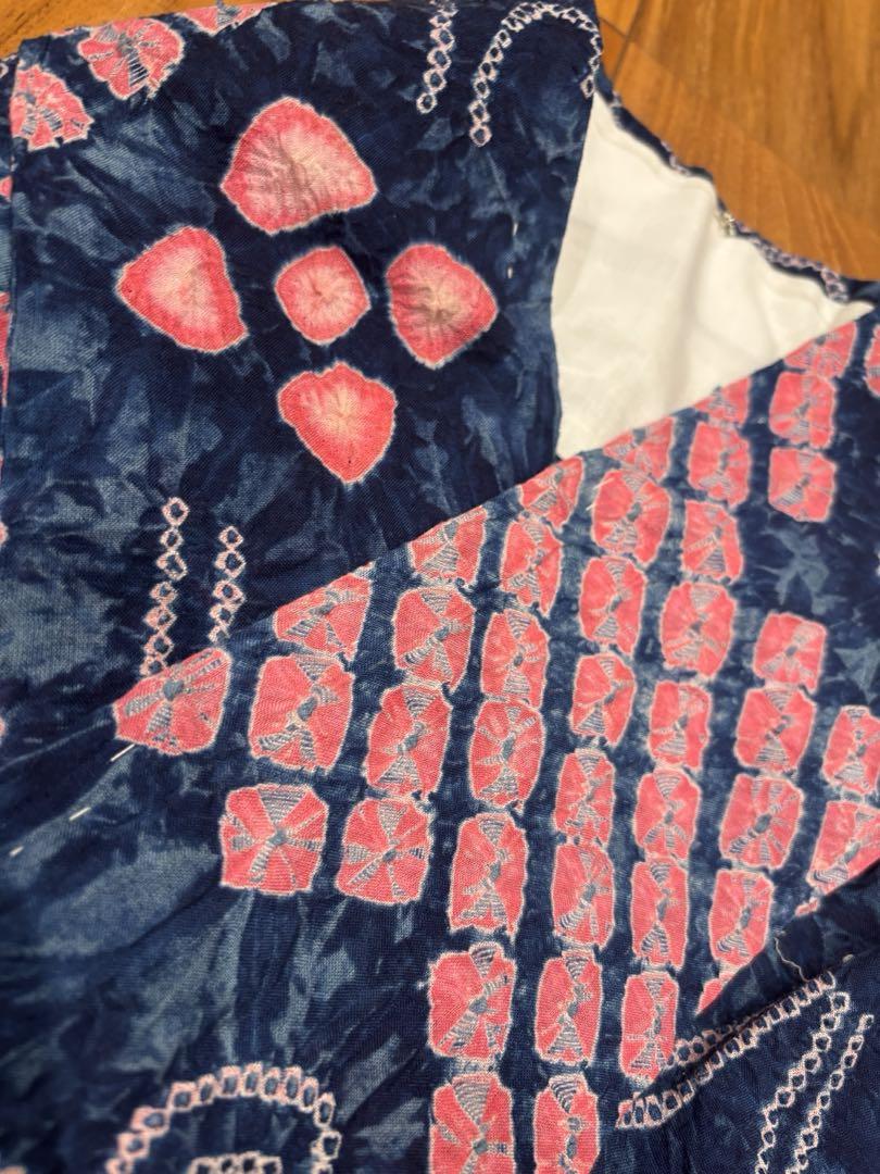 有松絞り　紺色×ピンク　蜘蛛縛り　高級　現代　美品中古