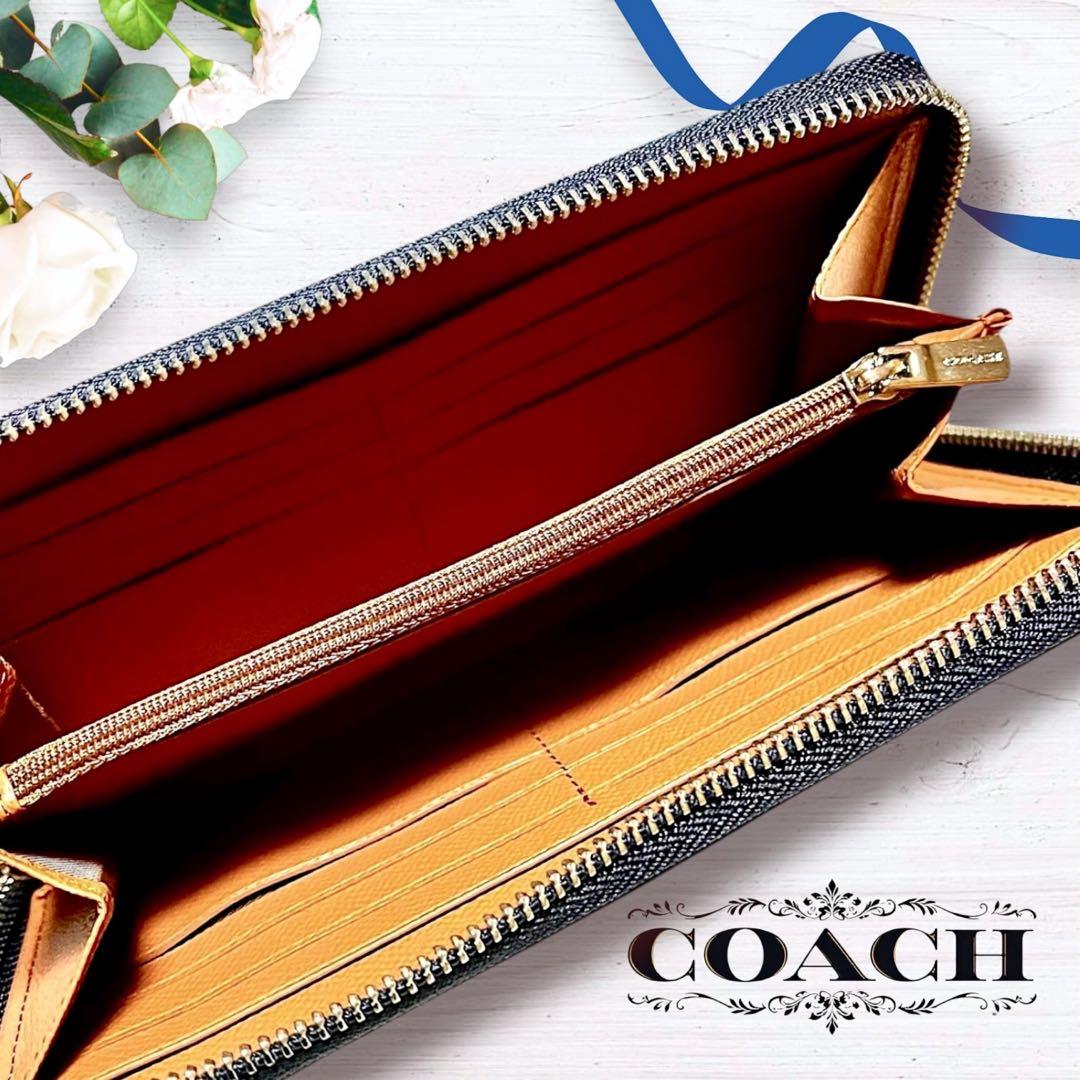 COACH パンチング フラワー 長財布 ネイビー