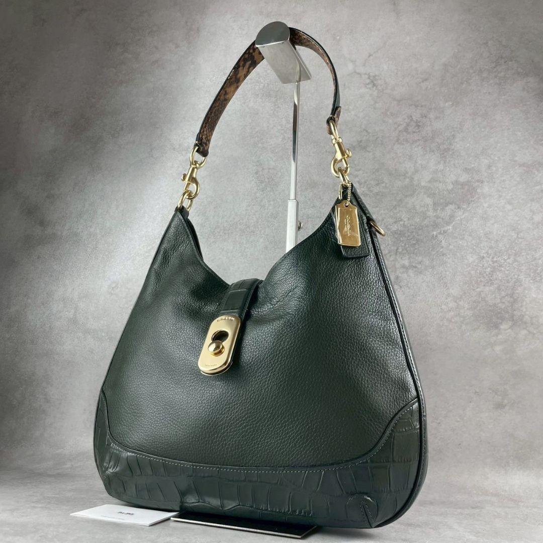 COACH グリーン レザー ワンショルダーバッグ クロコ型押し