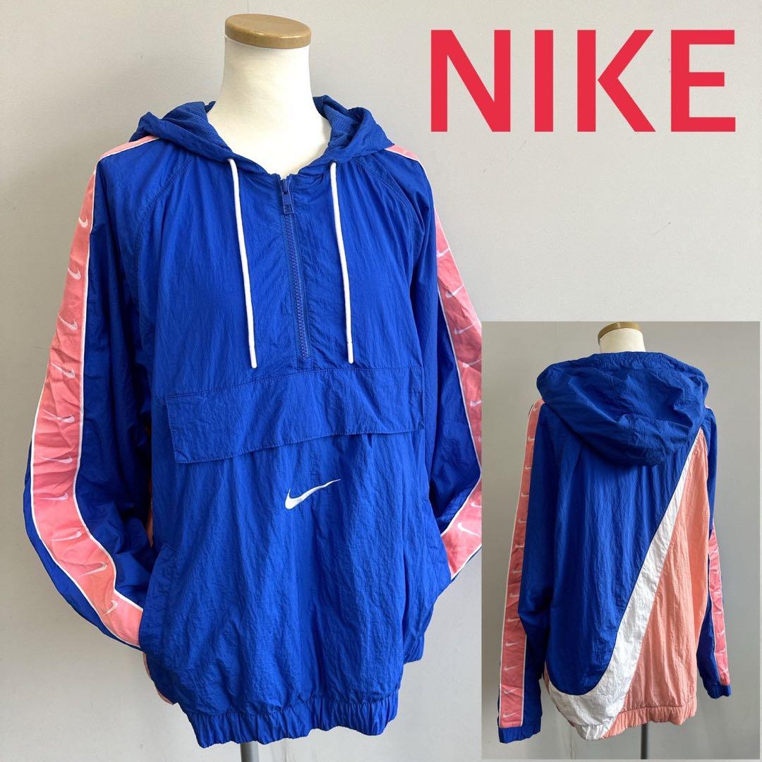 ナイキNIKEアノラックパーカー青×ピンク×白レディースMサイズビッグバッグロゴ