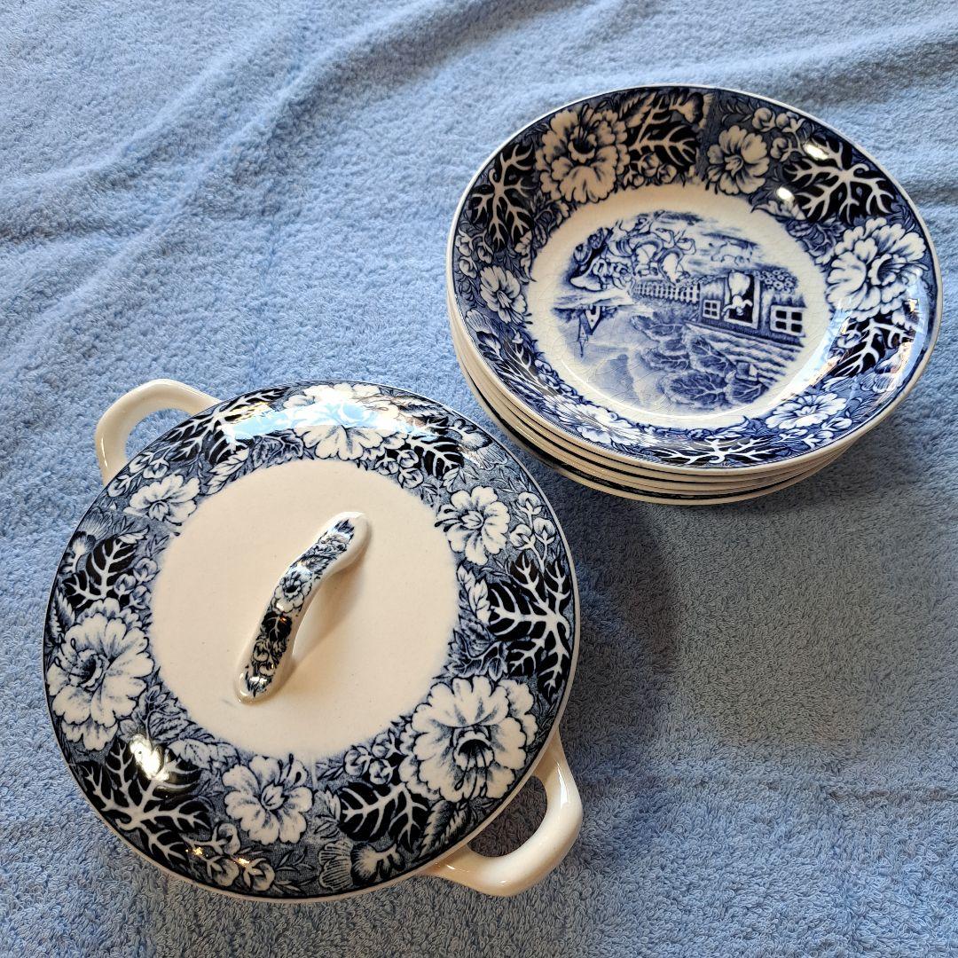 青と白の花柄陶器深皿 5個セットと浅皿5個セット レトロ青と白の花柄などの 陶器皿セット カレー皿5枚蓋付き容器