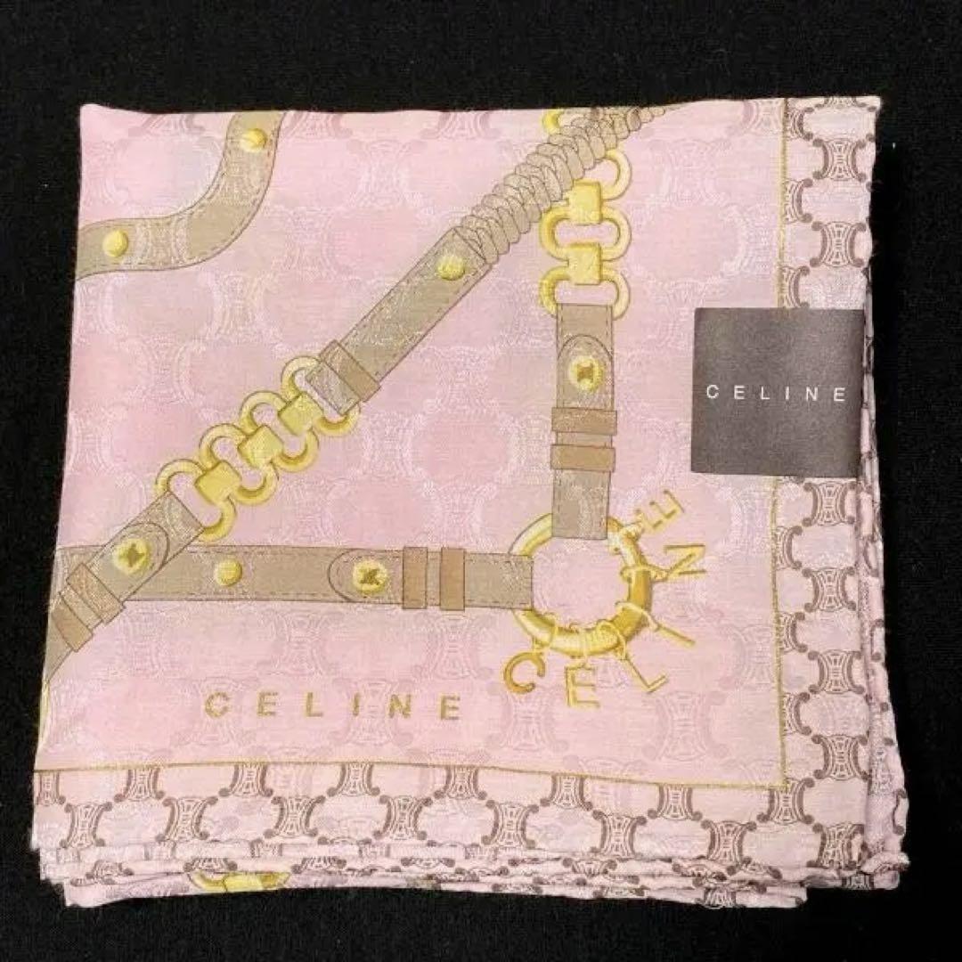 CELINE】 ベルト&マカダム柄◎大判ハンカチスカーフsilk&cotton