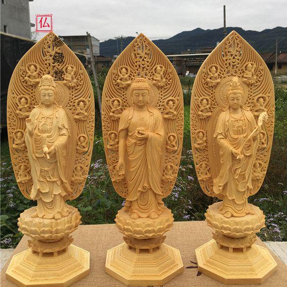 【修縁堂】特上彫 仏像 阿弥陀三尊 木彫り 観音菩薩 阿弥陀 勢至菩薩 木工細工