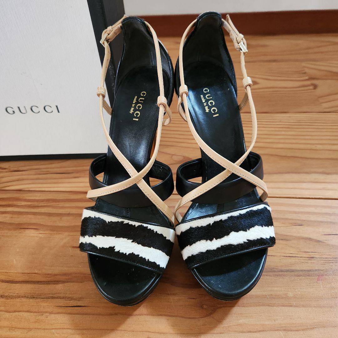GUCCI プラットフォーム ハイヒールサンダル 黒・ベージュ・ゼブラ GUCCI プラットフォーム ハイヒールサンダル 黒・ベージュ