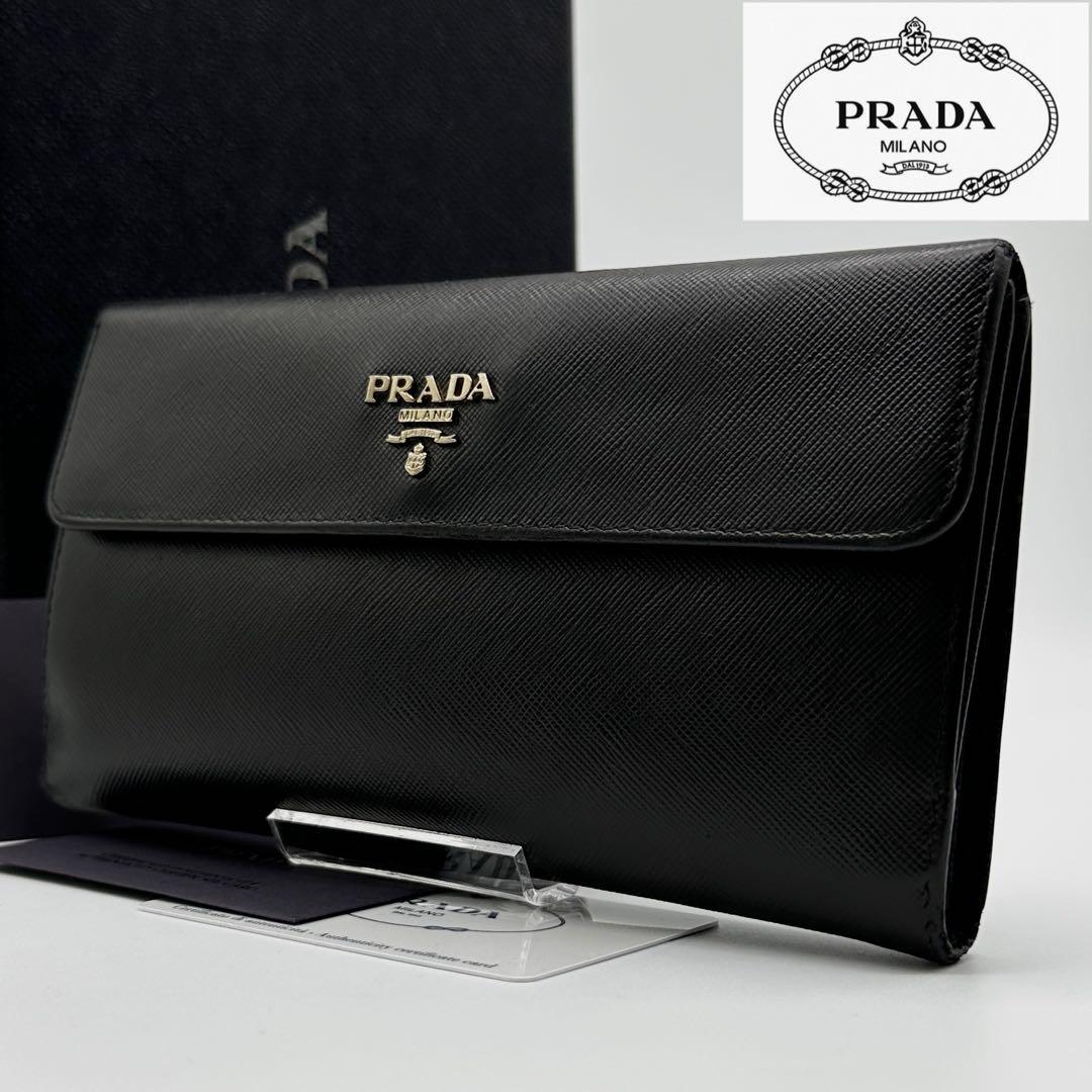 何でも揃う サフィアーノ レザー PRADA 極美品】箱付き 長財布 ブラック 金ロゴ 小物